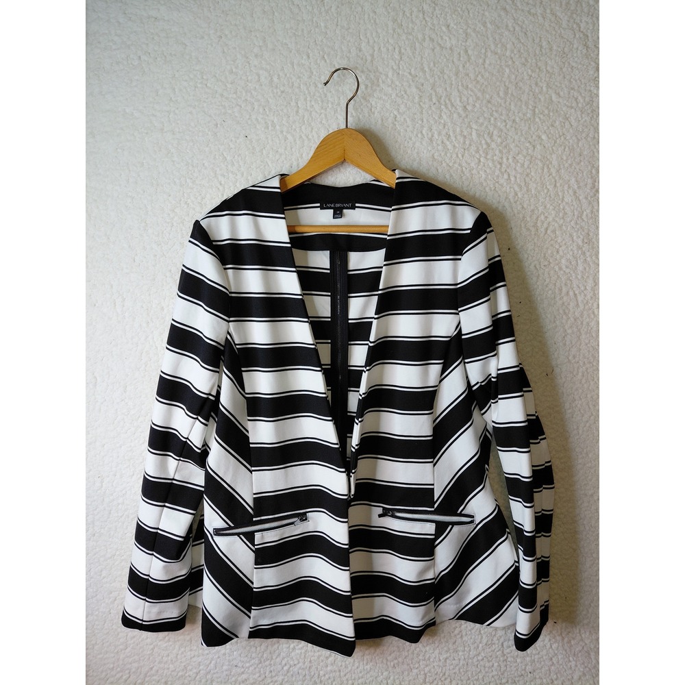 Lane Bryant Black White Striped Open Front Blazer Jacket Zip Back Womens 18